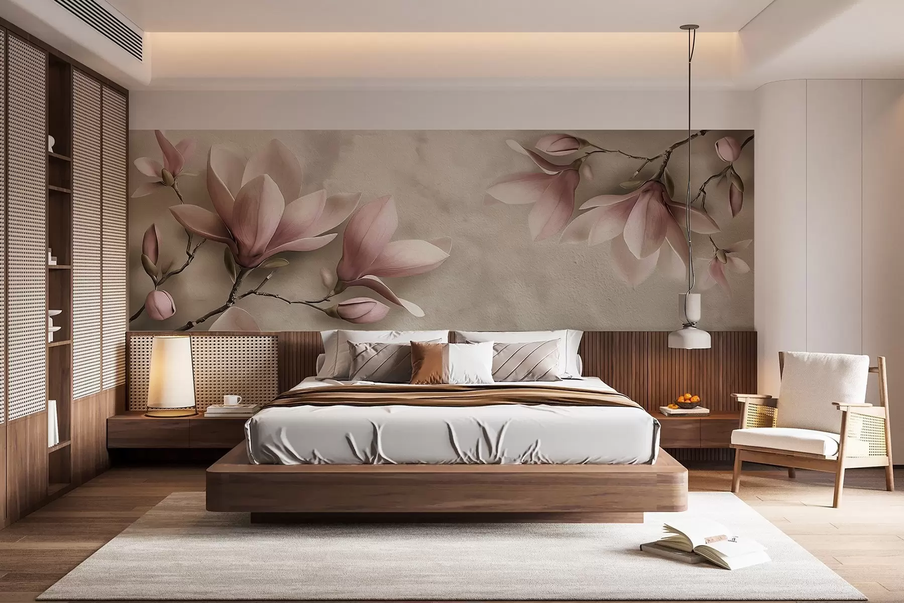 wall murals Нежне ружичасте магнолије на бетонском зиду у тоновима сепије w08636v2