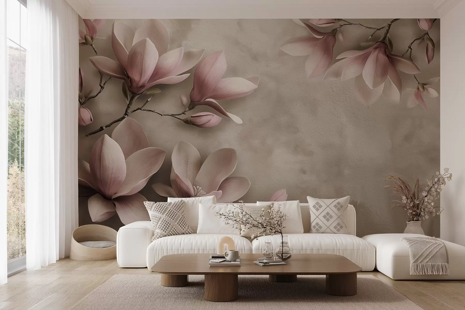 wall murals Нежне ружичасте магнолије на бетонском зиду у тоновима сепије w08636v2