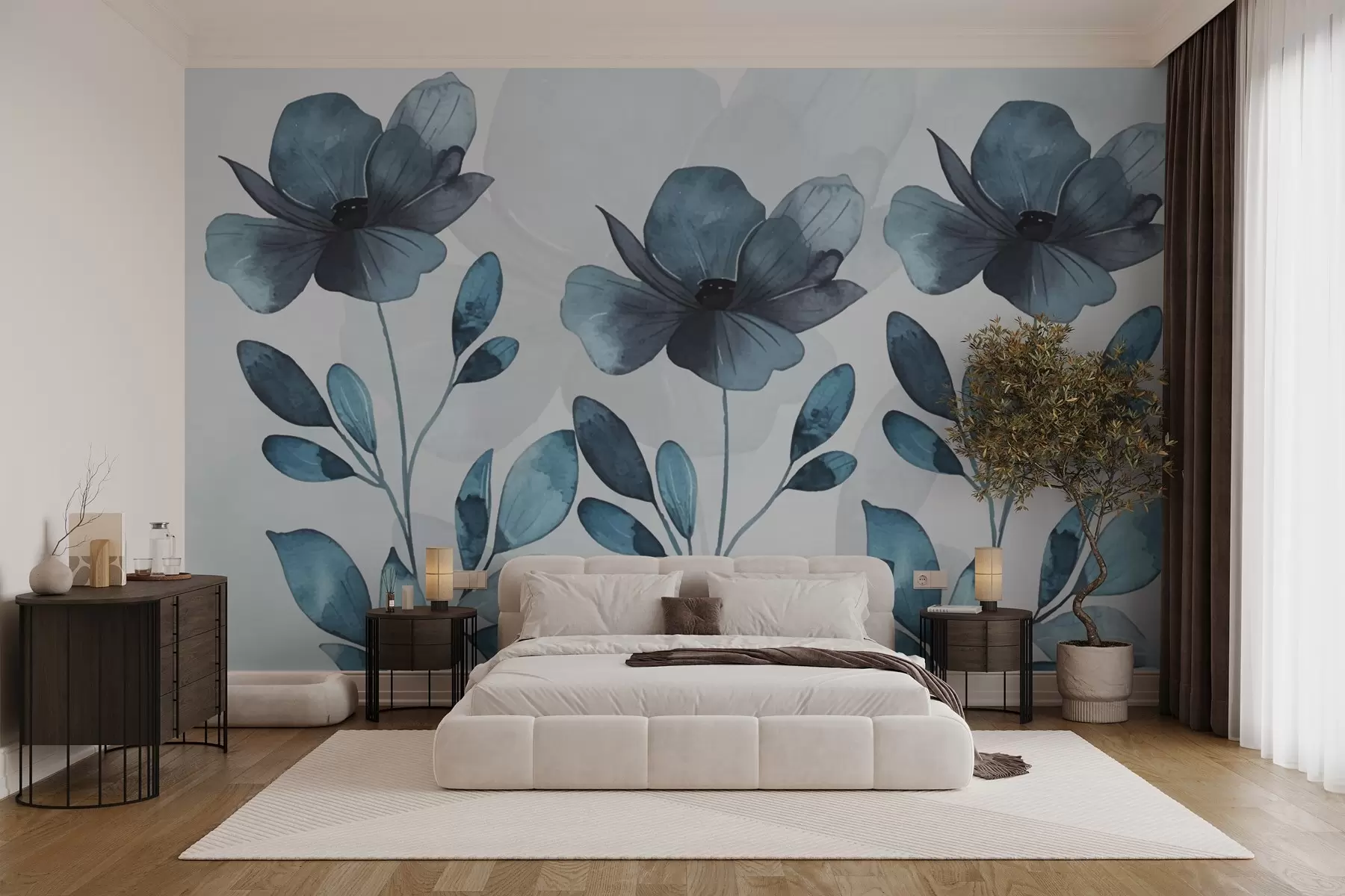 wall murals крупно плаво цвеће w02800