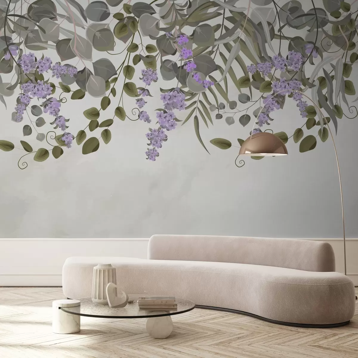 wall murals зелено лишће и љубичасти цветови који виси одозго w02805