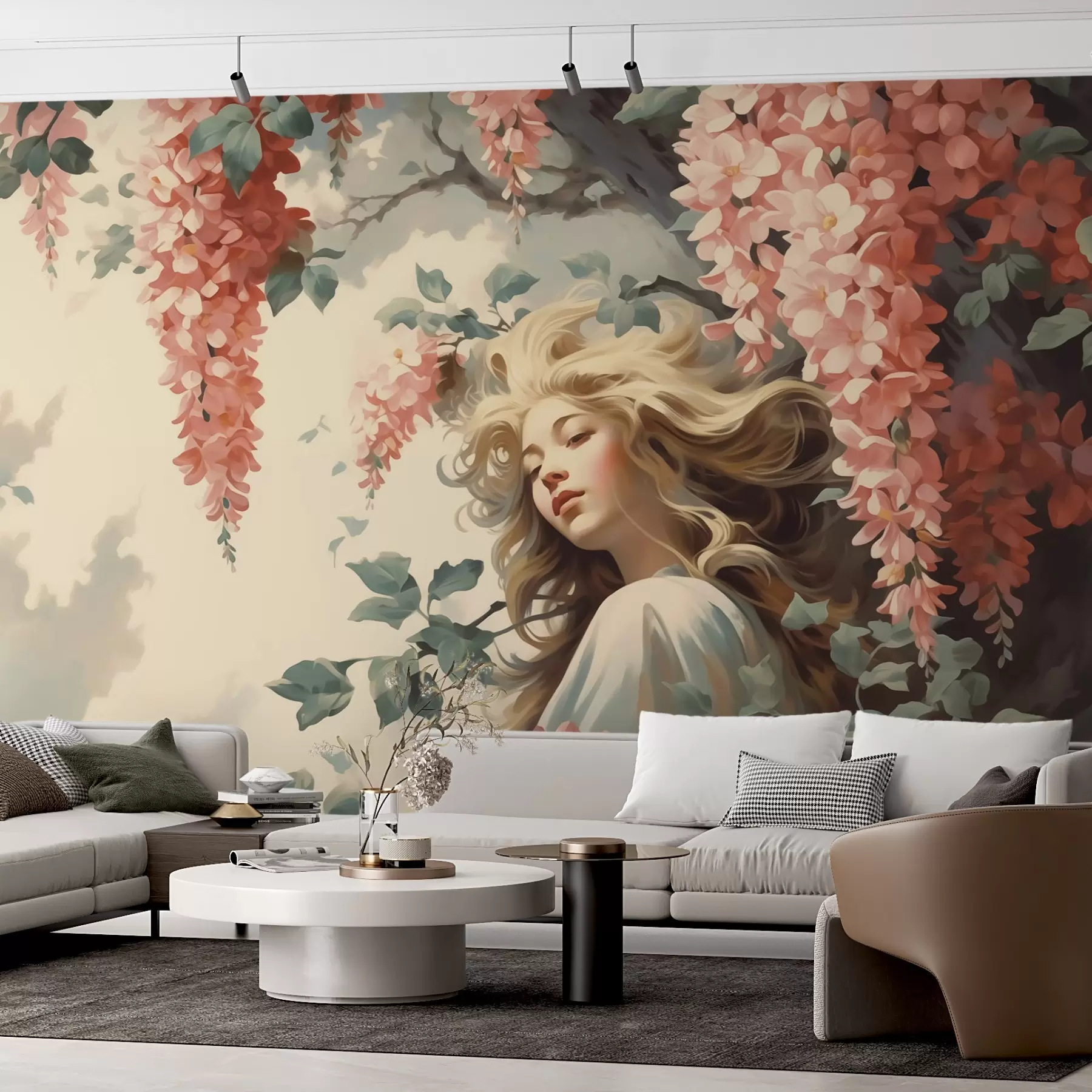 wall murals Апстрактни портрет девојке испод дрвета са цвећем w02795