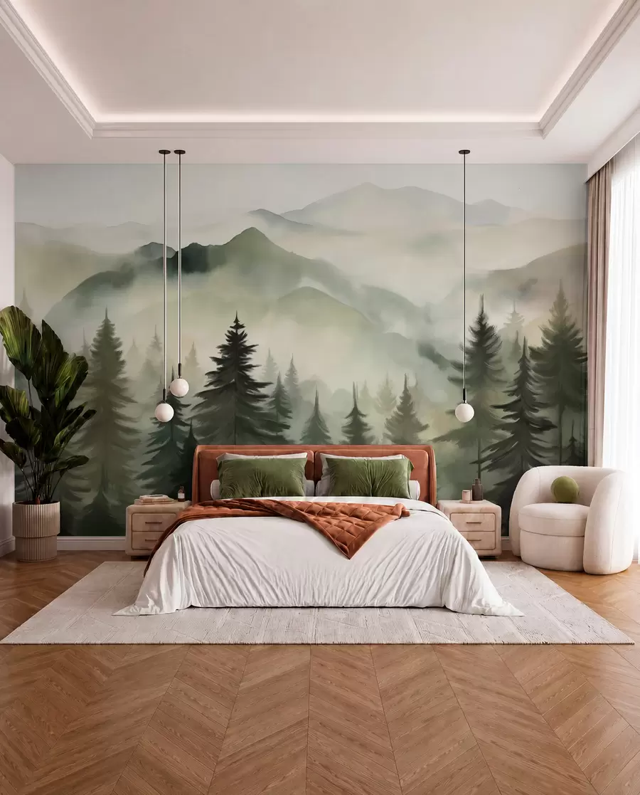 wall murals Планински пејзаж са шумом борова и слојевитим планинама током зоре са светлом маглом имитација акварела w08639