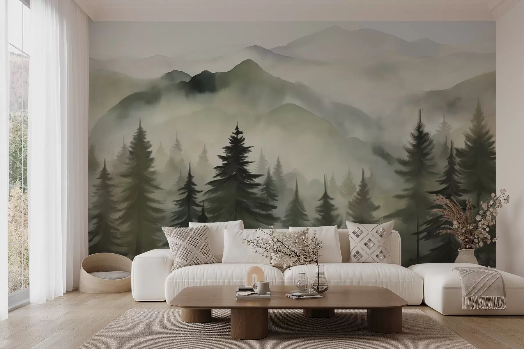 wall murals Планински пејзаж са шумом борова и слојевитим планинама током зоре са светлом маглом имитација акварела w08639