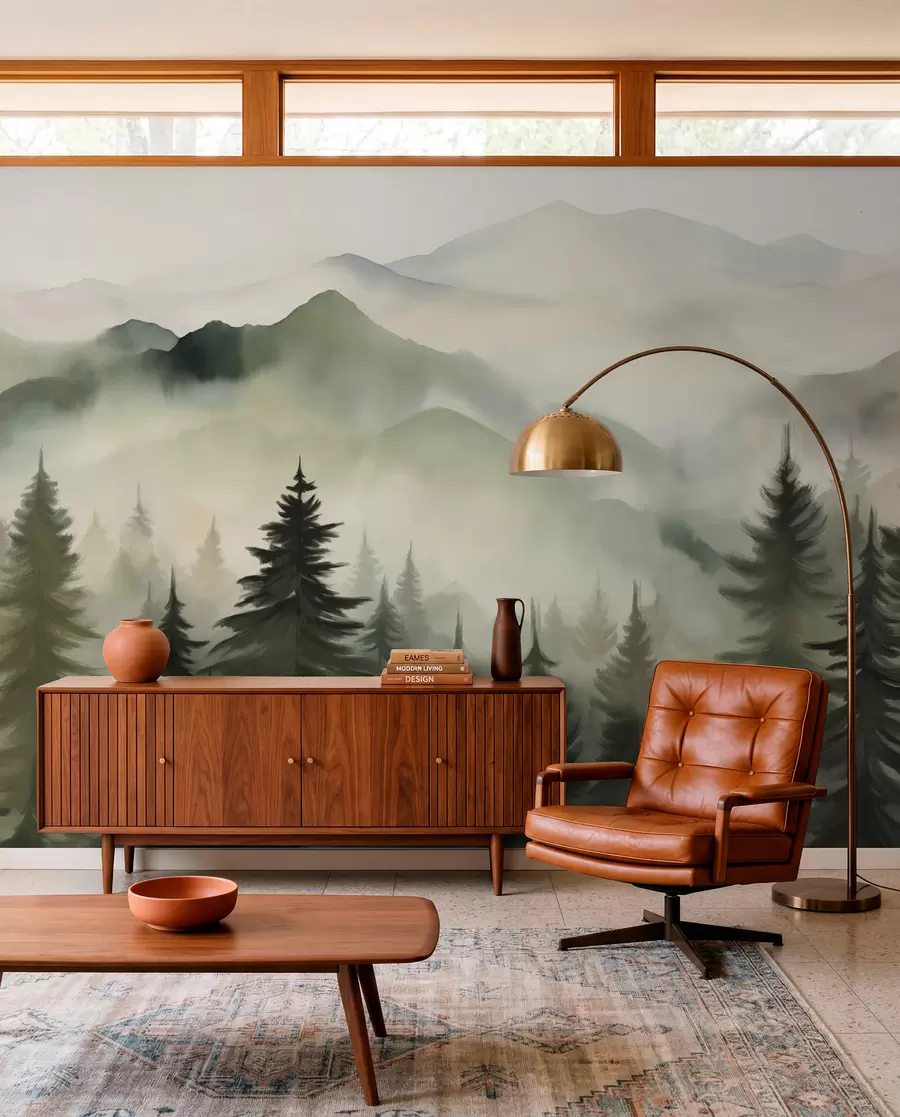 wall murals Планински пејзаж са шумом борова и слојевитим планинама током зоре са светлом маглом имитација акварела w08639