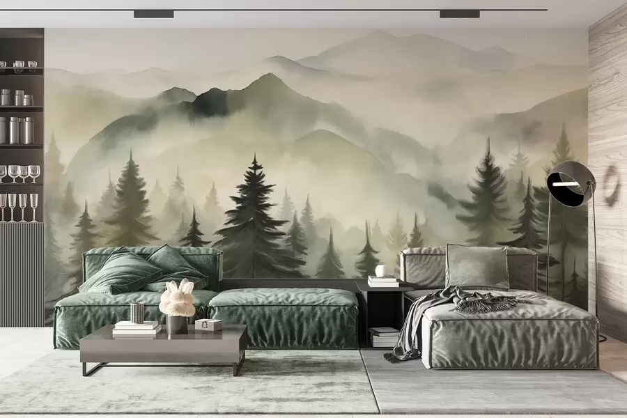 wall murals Планински пејзаж са шумом борова и слојевитим планинама током зоре са светлом маглом имитација акварела w08639