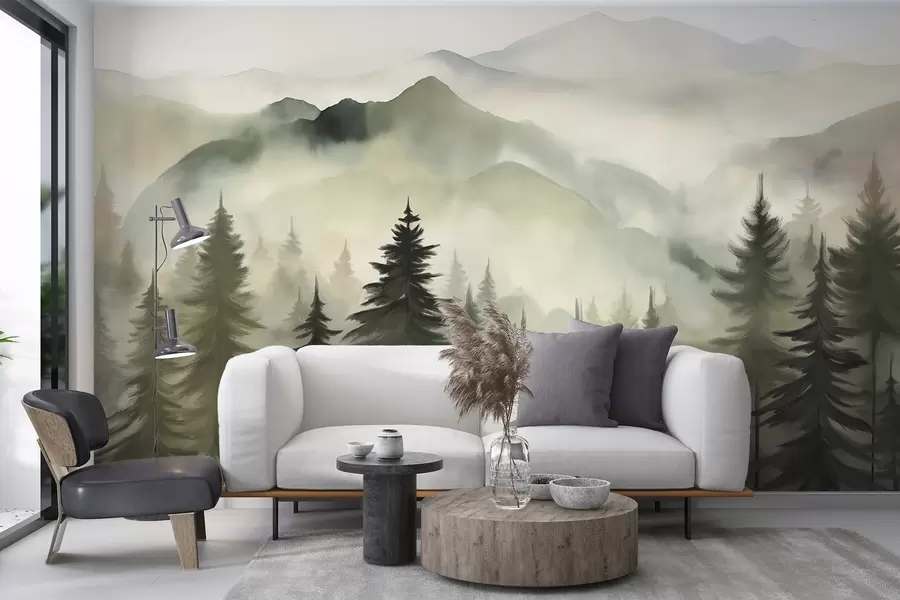 wall murals Планински пејзаж са шумом борова и слојевитим планинама током зоре са светлом маглом имитација акварела w08639