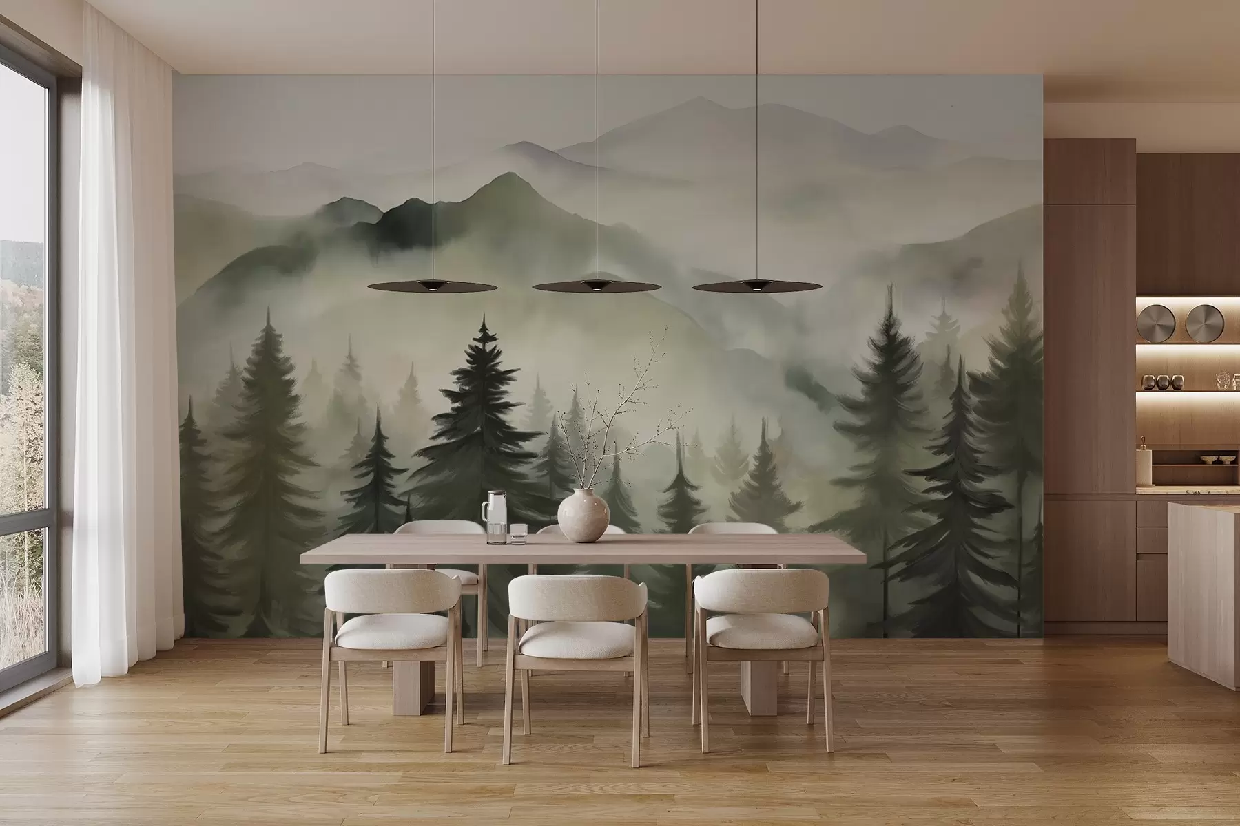 wall murals Планински пејзаж са шумом борова и слојевитим планинама током зоре са светлом маглом имитација акварела w08639