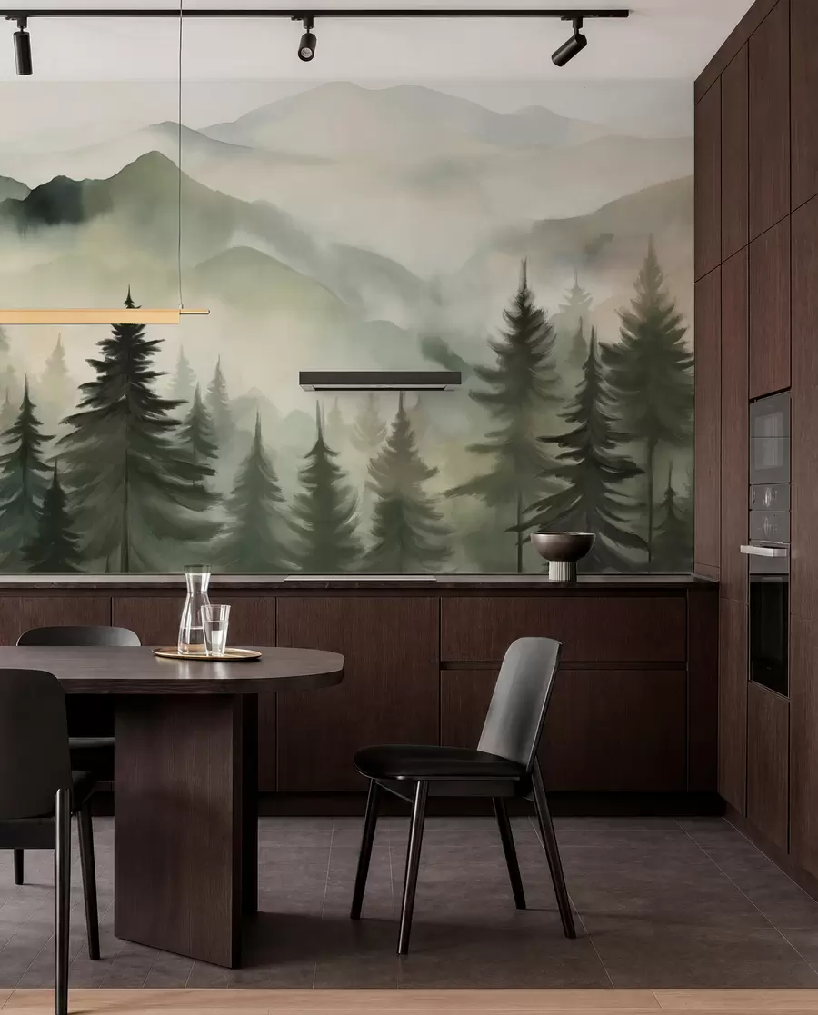wall murals Планински пејзаж са шумом борова и слојевитим планинама током зоре са светлом маглом имитација акварела w08639
