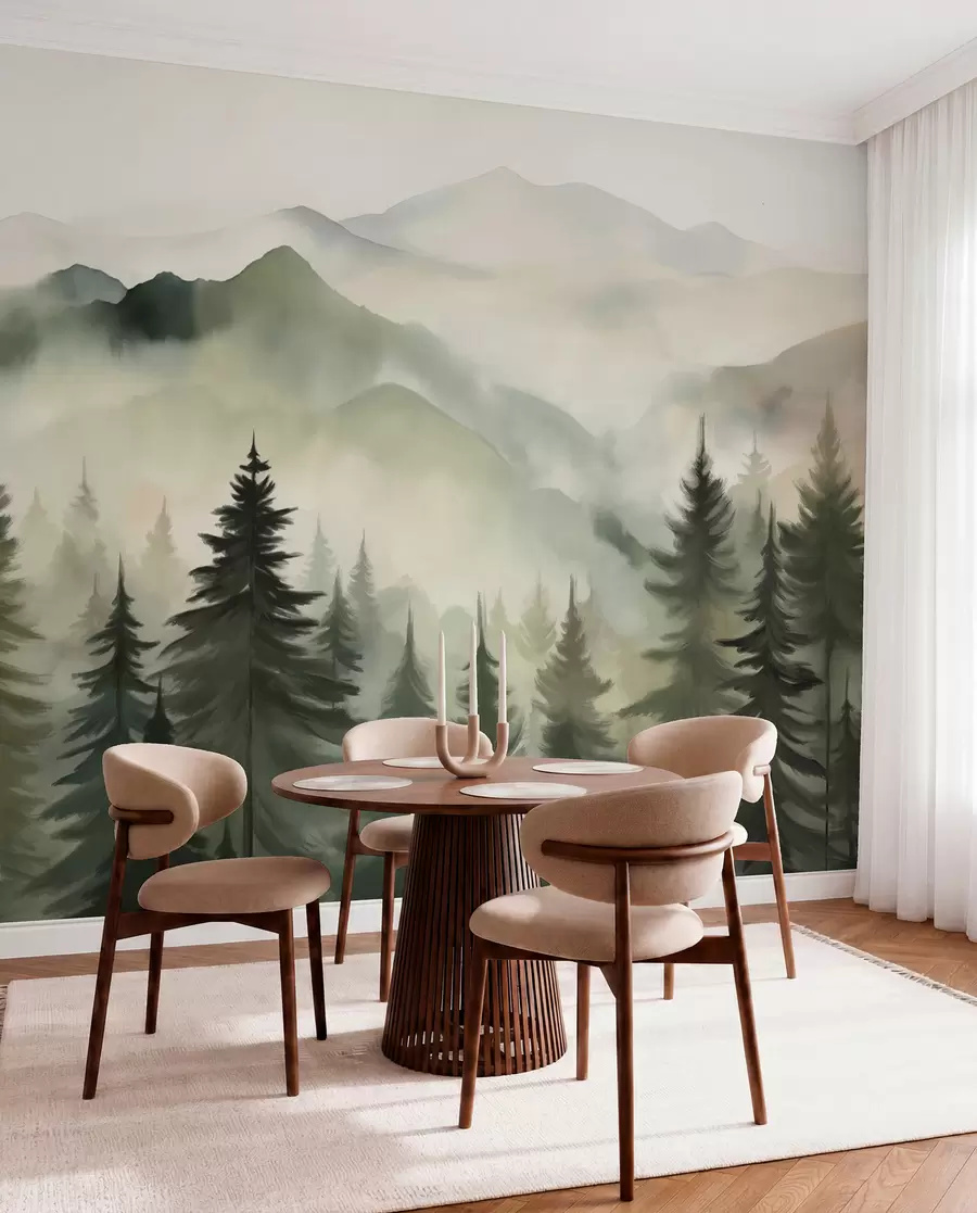 wall murals Планински пејзаж са шумом борова и слојевитим планинама током зоре са светлом маглом имитација акварела w08639