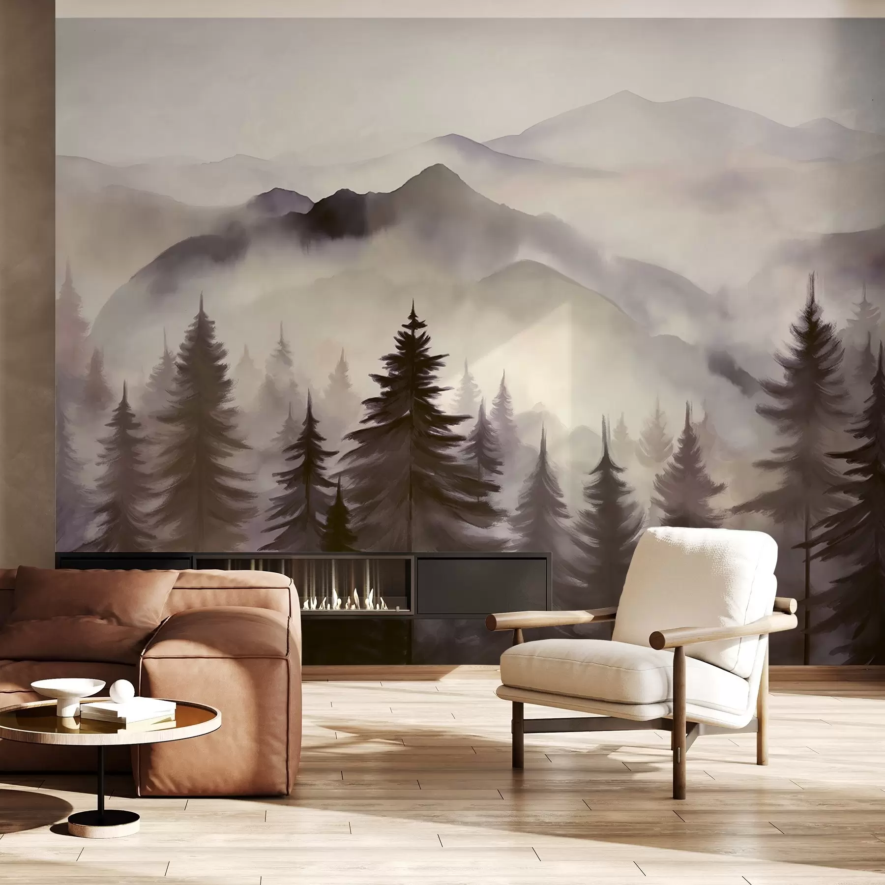 wall murals Планински пејзаж са шумом борова и слојевитим планинама током зоре са светлом маглом имитација акварела w08639v1