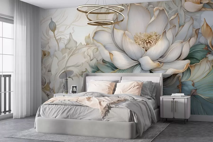 wall murals Велики, деликатни цвет и лишће белог љиљана са меким, слојевитим украсним латицама на апстрактној замућеној позадини w08640