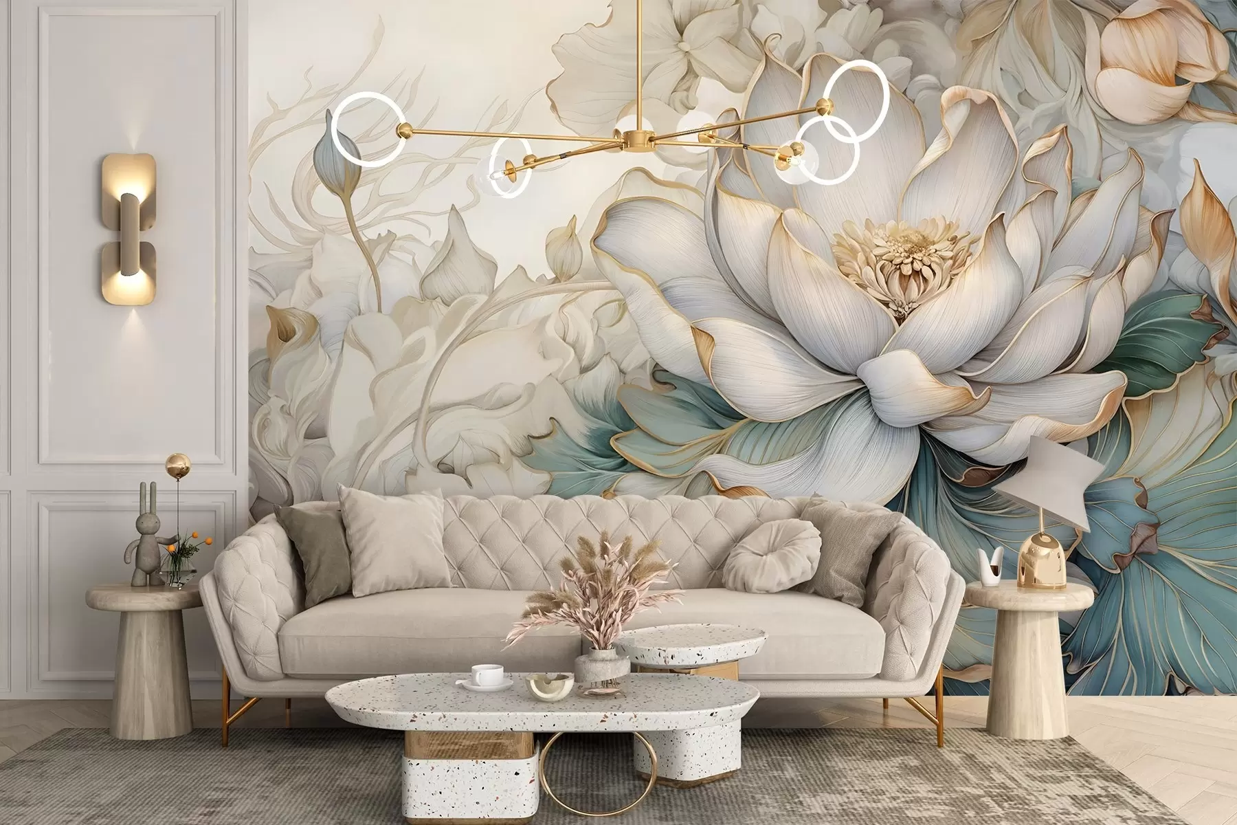wall murals Велики, деликатни цвет и лишће белог љиљана са меким, слојевитим украсним латицама на апстрактној замућеној позадини w08640