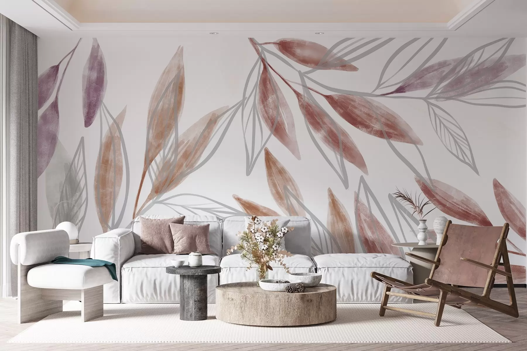 wall murals Деликатни ружичасти и сиви текстурирани пастелни листови стварају спокојну и минималистичку ботаничку композицију w08642