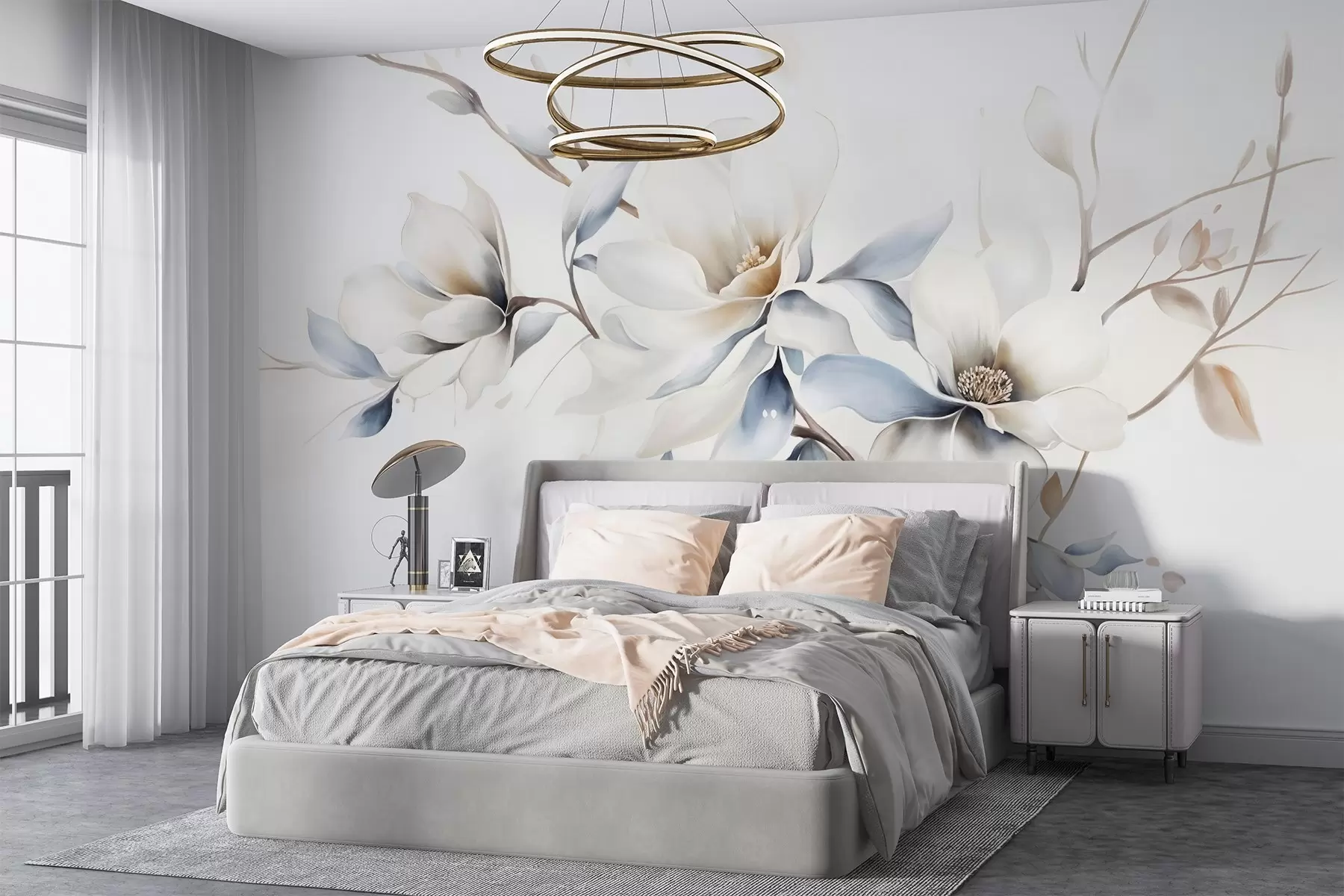 wall murals Нежно бело цвеће магнолије са меким плавим латицама на светлој позадини акварел имитација минимализма w08644