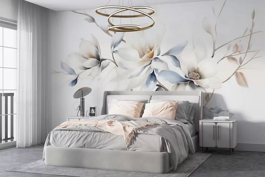 wall murals Нежно бело цвеће магнолије са меким плавим латицама на светлој позадини акварел имитација минимализма w08644