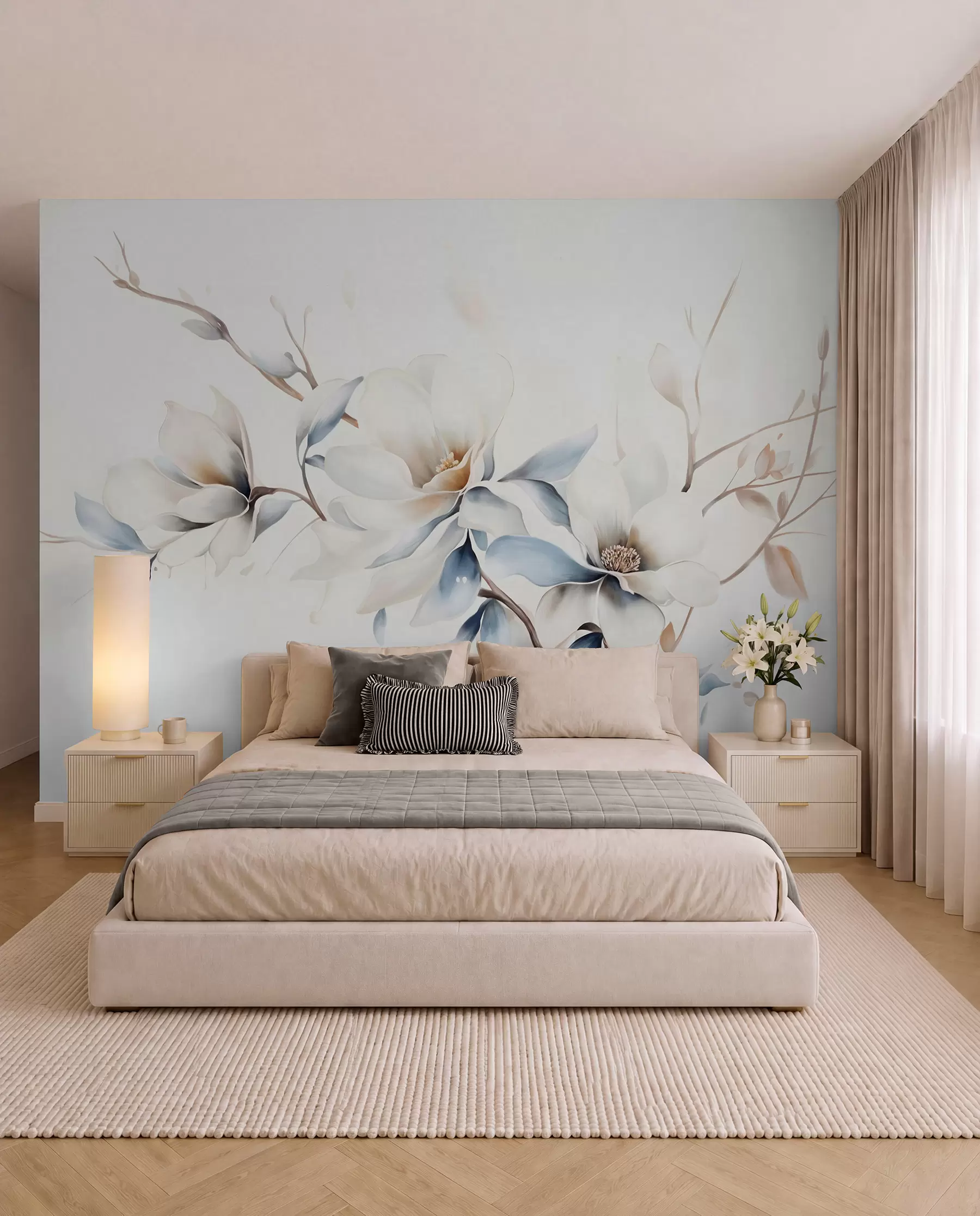 wall murals Нежно бело цвеће магнолије са меким плавим латицама на светлој позадини акварел имитација минимализма w08644