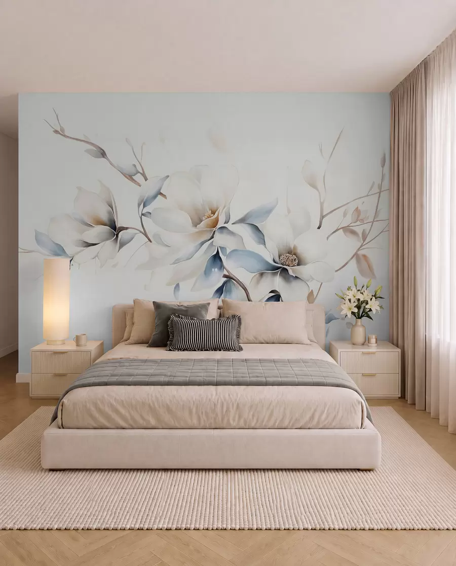 wall murals Нежно бело цвеће магнолије са меким плавим латицама на светлој позадини акварел имитација минимализма w08644