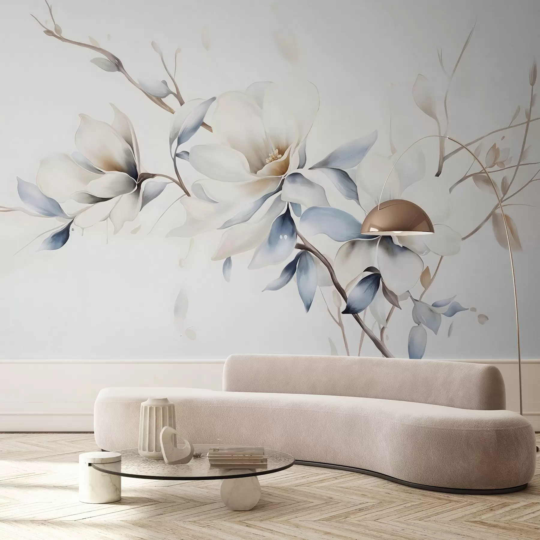 wall murals Нежно бело цвеће магнолије са меким плавим латицама на светлој позадини акварел имитација минимализма w08644