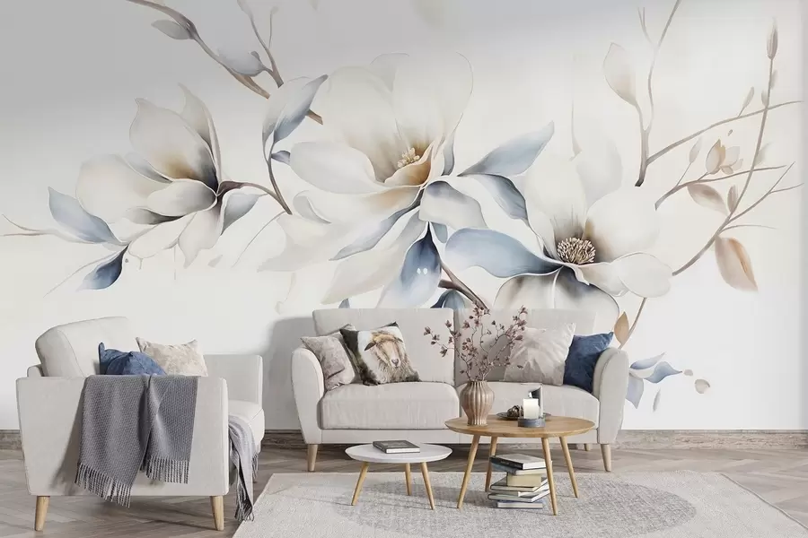wall murals Нежно бело цвеће магнолије са меким плавим латицама на светлој позадини акварел имитација минимализма w08644