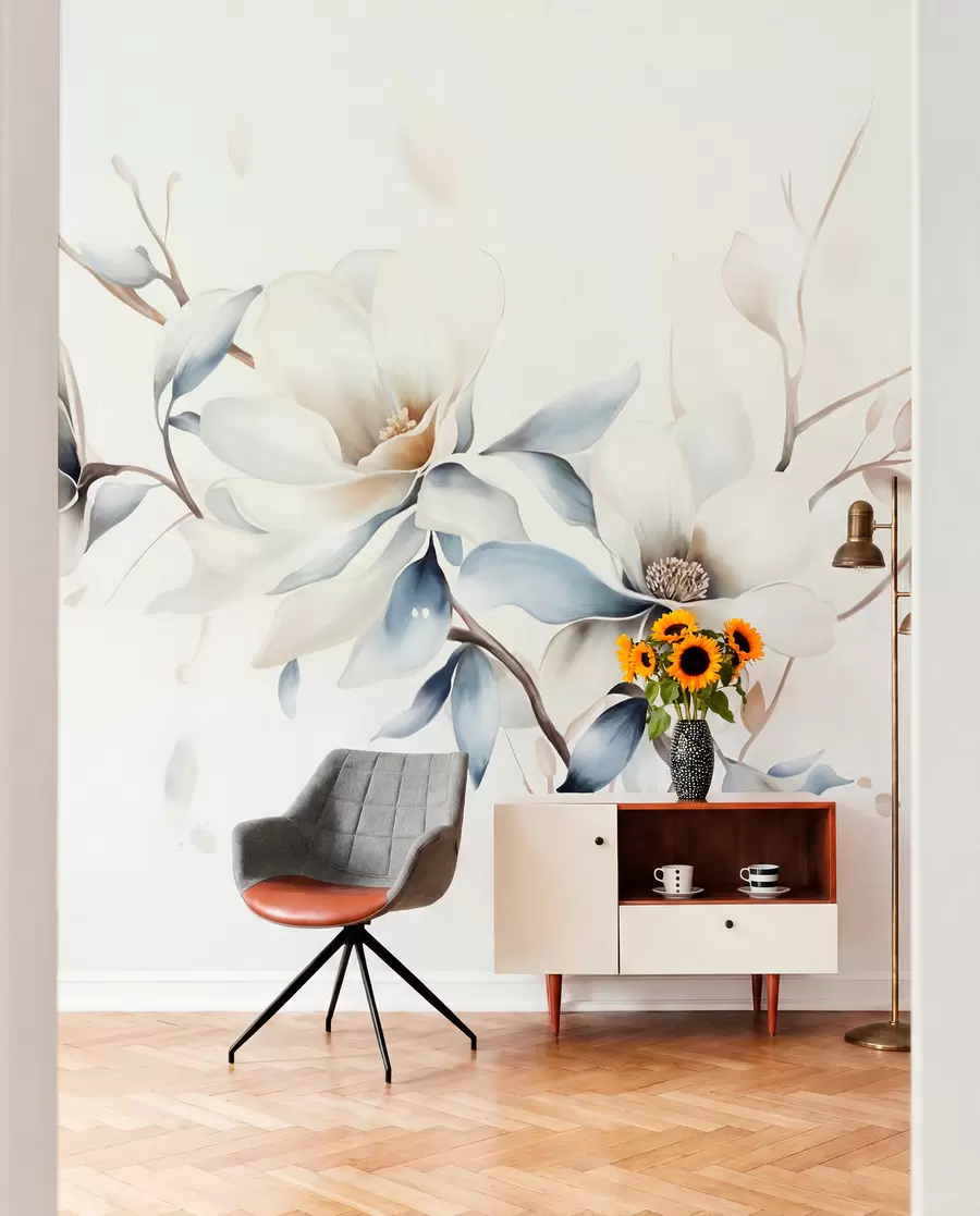 wall murals Нежно бело цвеће магнолије са меким плавим латицама на светлој позадини акварел имитација минимализма w08644