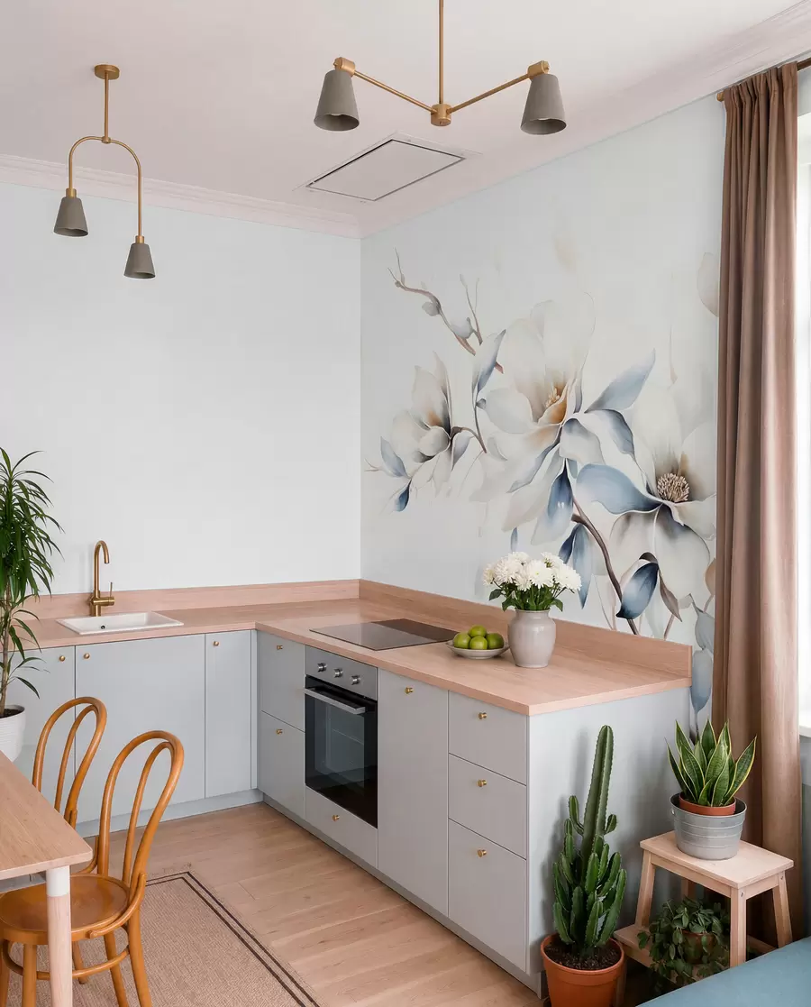 wall murals Нежно бело цвеће магнолије са меким плавим латицама на светлој позадини акварел имитација минимализма w08644