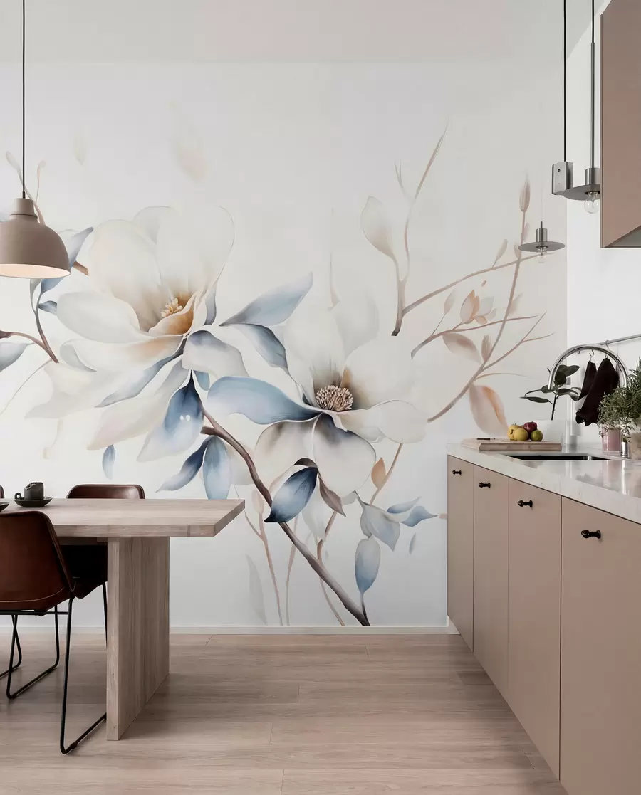 wall murals Нежно бело цвеће магнолије са меким плавим латицама на светлој позадини акварел имитација минимализма w08644