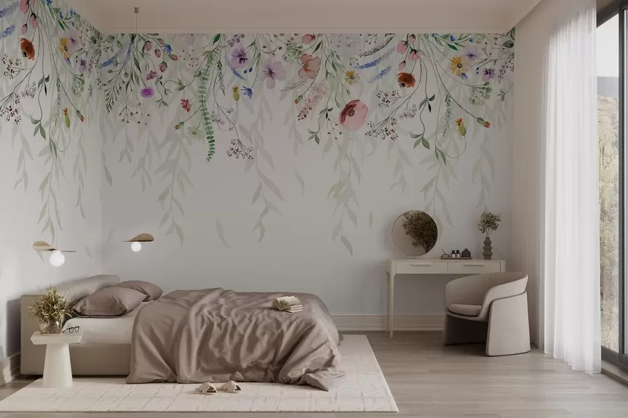 wall murals Шарени цветни принт који се спушта каскадно са разним цвећем, лишћем и биљкама у стилу акварела w08646