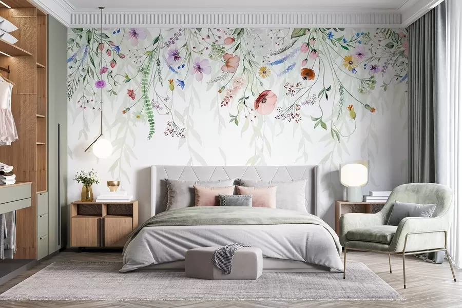 wall murals Шарени цветни принт који се спушта каскадно са разним цвећем, лишћем и биљкама у стилу акварела w08646