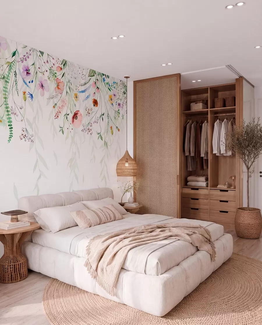 wall murals Шарени цветни принт који се спушта каскадно са разним цвећем, лишћем и биљкама у стилу акварела w08646