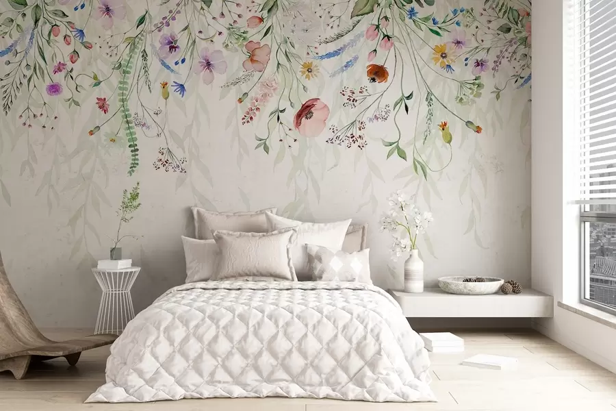 wall murals Шарени цветни принт који се спушта каскадно са разним цвећем, лишћем и биљкама у стилу акварела w08646