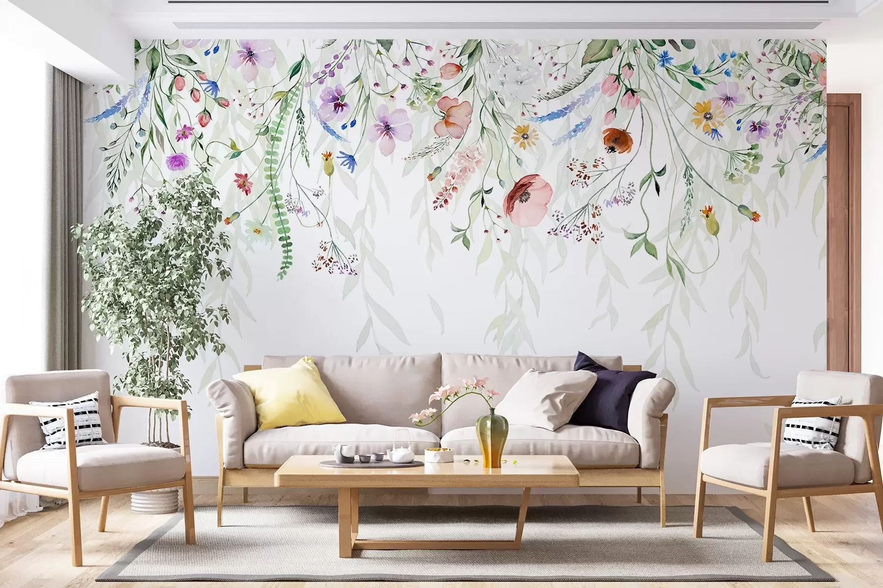 wall murals Шарени цветни принт који се спушта каскадно са разним цвећем, лишћем и биљкама у стилу акварела w08646