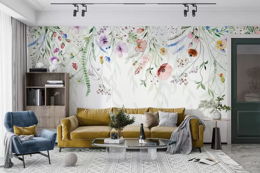 wall murals Шарени цветни принт који се спушта каскадно са разним цвећем, лишћем и биљкама у стилу акварела w08646