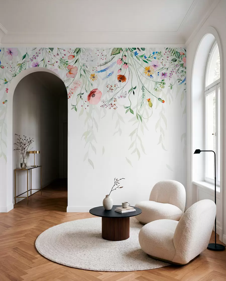wall murals Шарени цветни принт који се спушта каскадно са разним цвећем, лишћем и биљкама у стилу акварела w08646