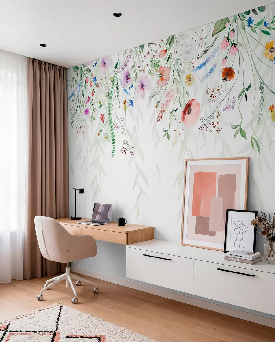 wall murals Шарени цветни принт који се спушта каскадно са разним цвећем, лишћем и биљкама у стилу акварела w08646