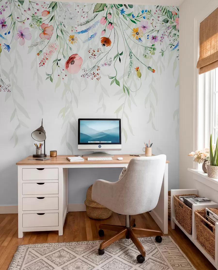 wall murals Шарени цветни принт који се спушта каскадно са разним цвећем, лишћем и биљкама у стилу акварела w08646