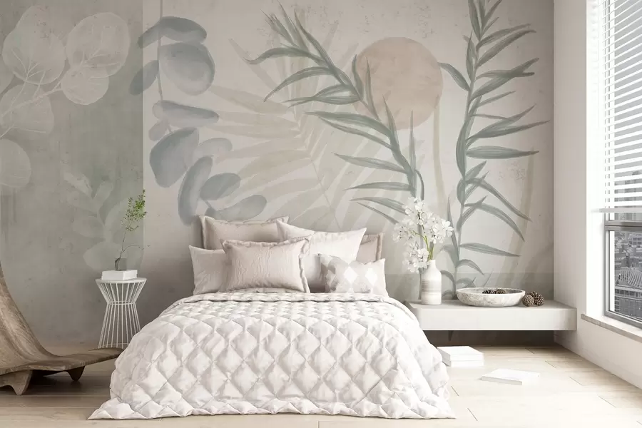 wall murals Минималистички апстрактни принт са стилизованим листовима и еукалиптусом са меким, плавим органским облицима у пригушеним пастелним бојама w08648v1