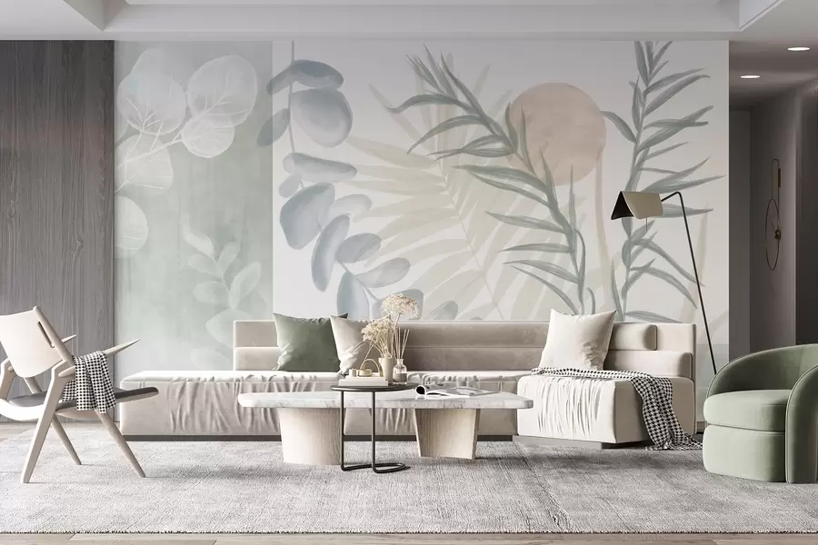 wall murals Минималистички апстрактни принт са стилизованим листовима и еукалиптусом са меким, плавим органским облицима у пригушеним пастелним бојама w08648v1