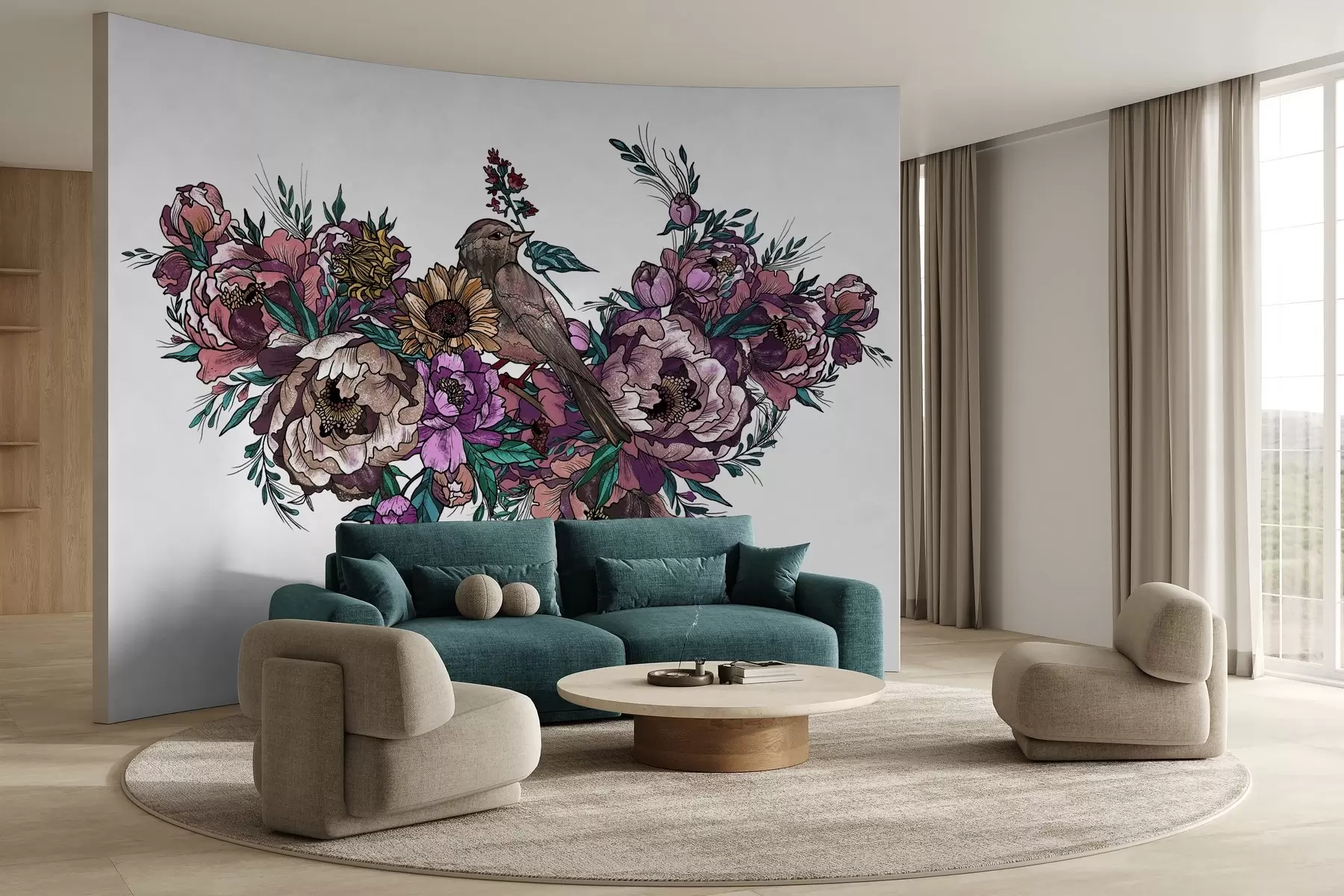 wall murals Шарена цветна и птичја илустрација на белом w02833v2