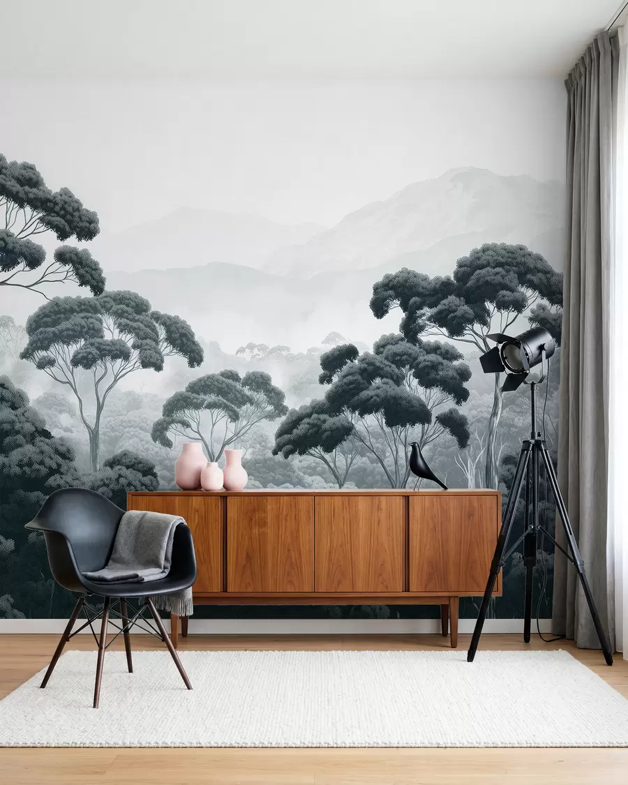 wall murals Шума џунгле, планине, тропска, природа, велико дрвеће, тамноплаве боје w02739