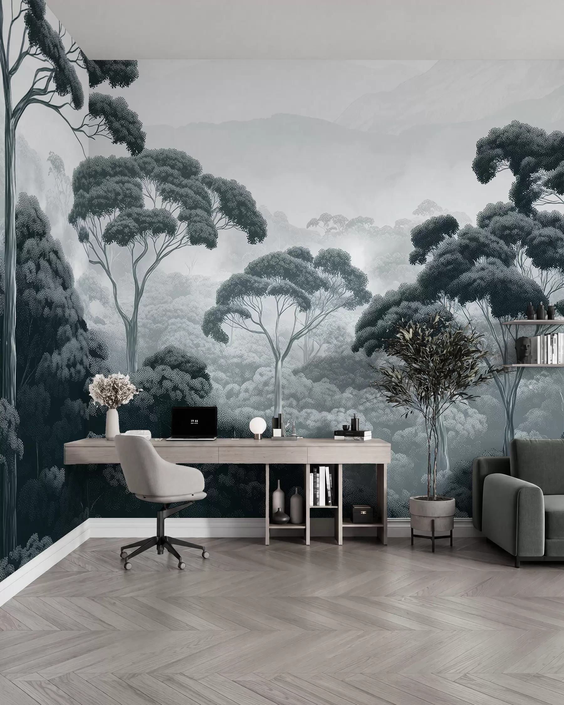 wall murals Шума џунгле, планине, тропска, природа, велико дрвеће, тамноплаве боје w02739