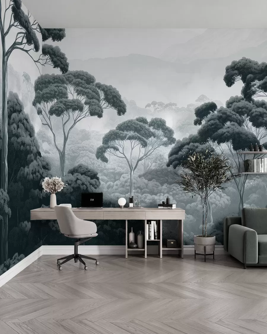 wall murals Шума џунгле, планине, тропска, природа, велико дрвеће, тамноплаве боје w02739
