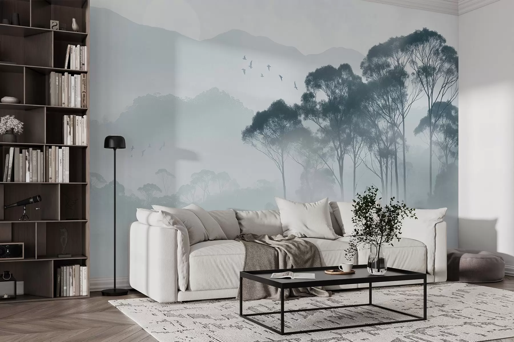 wall murals Дрвеће у магли, пејзажи природе, птице, сунце, плаве боје w02740v1