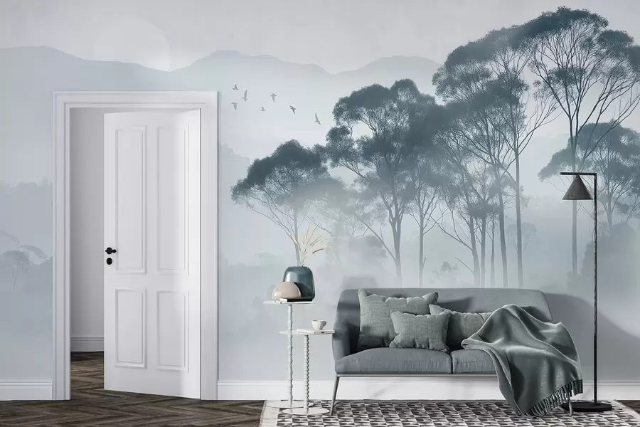 wall murals Дрвеће у магли, пејзажи природе, птице, сунце, плаве боје w02740v1