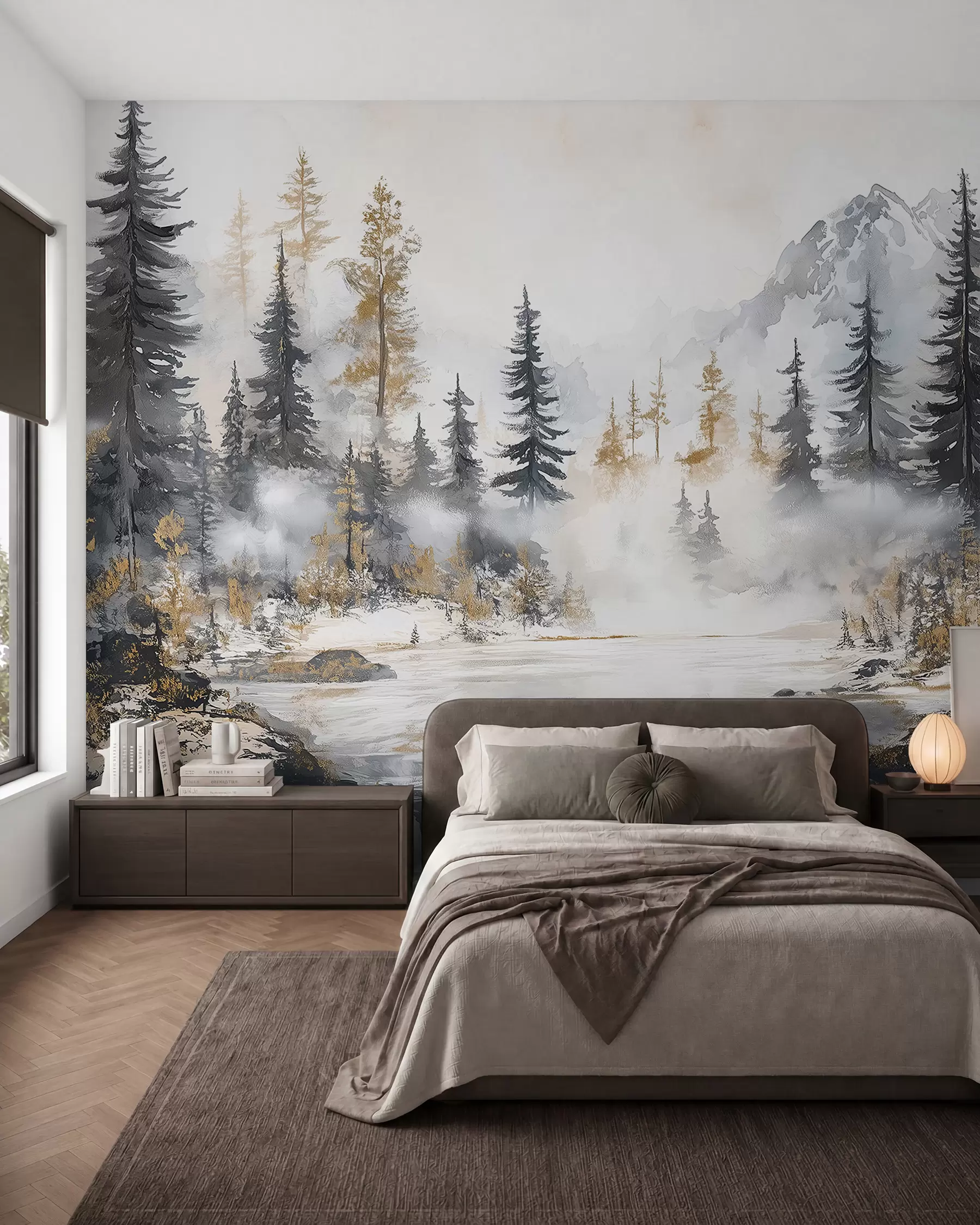 wall murals Зимски пејзаж са језером и шумом, планинама, пастелним стилом w02741