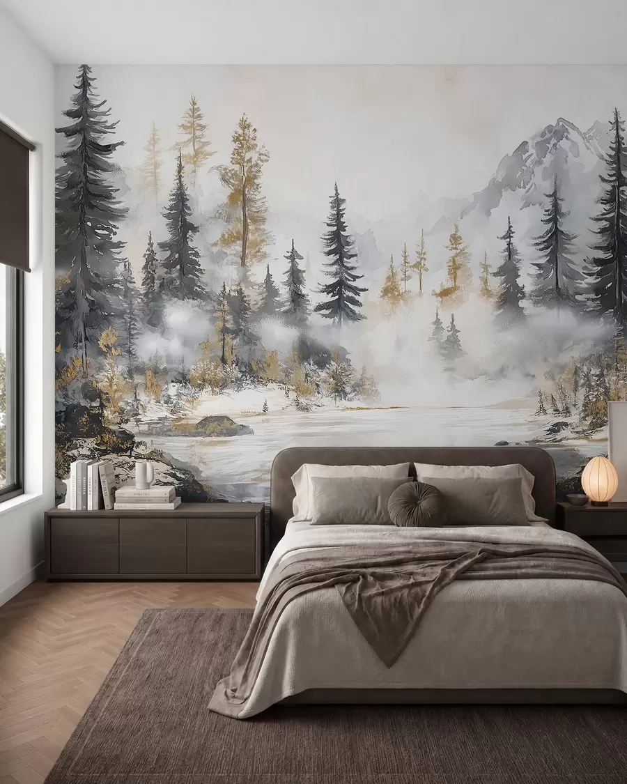 wall murals Зимски пејзаж са језером и шумом, планинама, пастелним стилом w02741