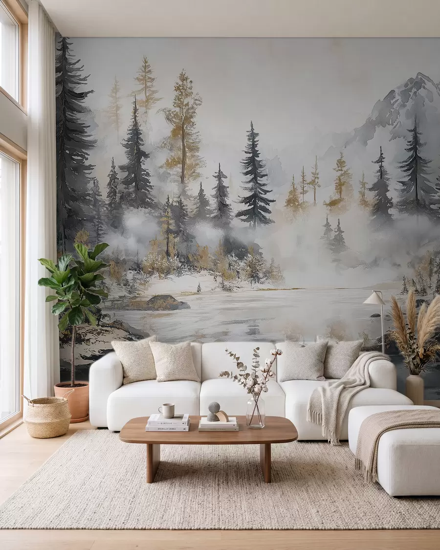 wall murals Зимски пејзаж са језером и шумом, планинама, пастелним стилом w02741