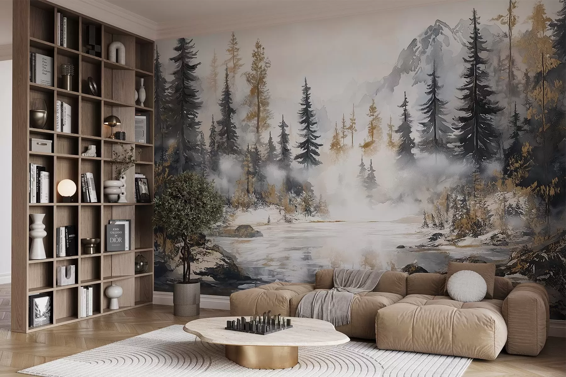 wall murals Зимски пејзаж са језером и шумом, планинама, пастелним стилом w02741
