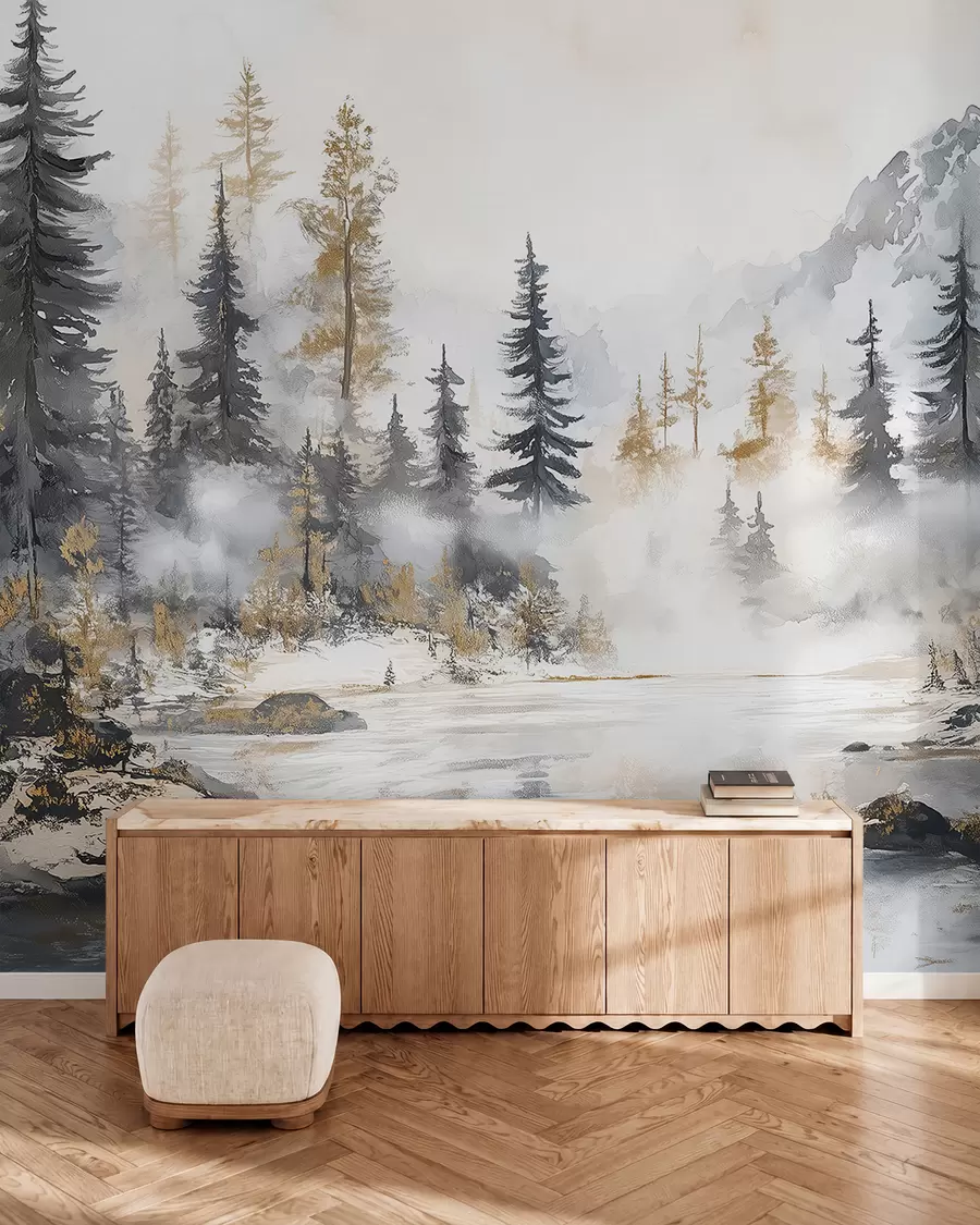 wall murals Зимски пејзаж са језером и шумом, планинама, пастелним стилом w02741