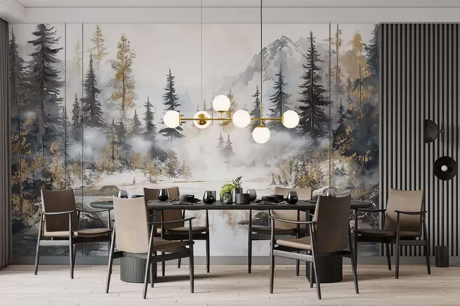 wall murals Зимски пејзаж са језером и шумом, планинама, пастелним стилом w02741