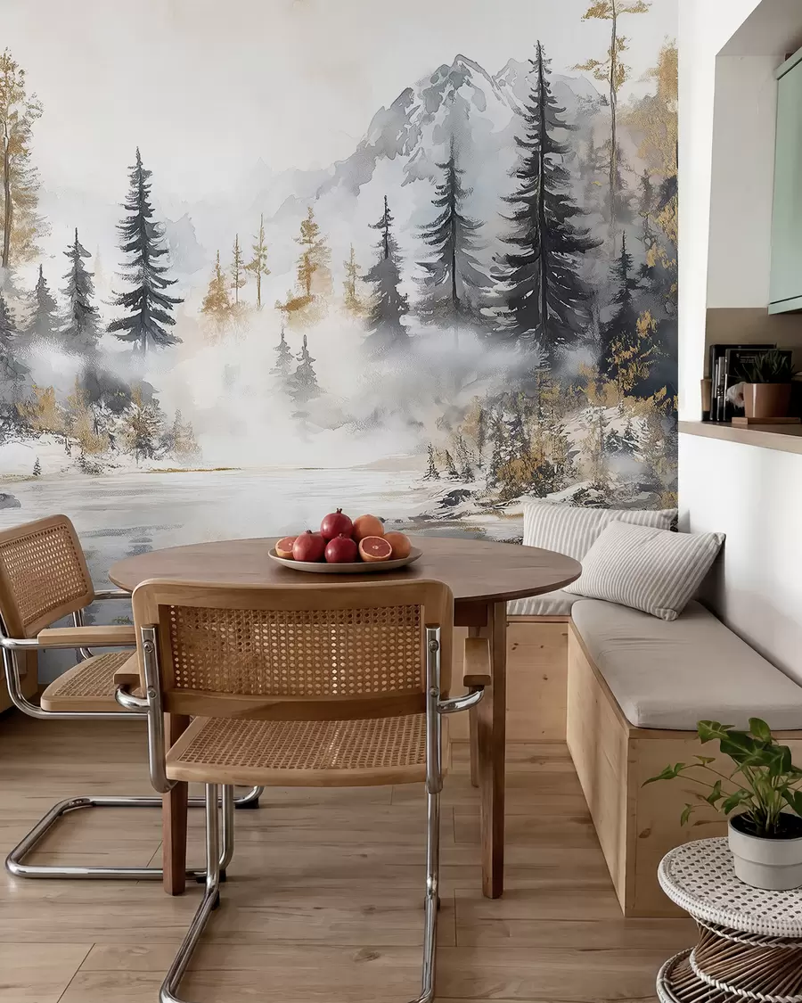 wall murals Зимски пејзаж са језером и шумом, планинама, пастелним стилом w02741